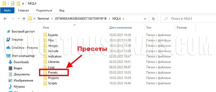 каталок установки пресетов в MT4