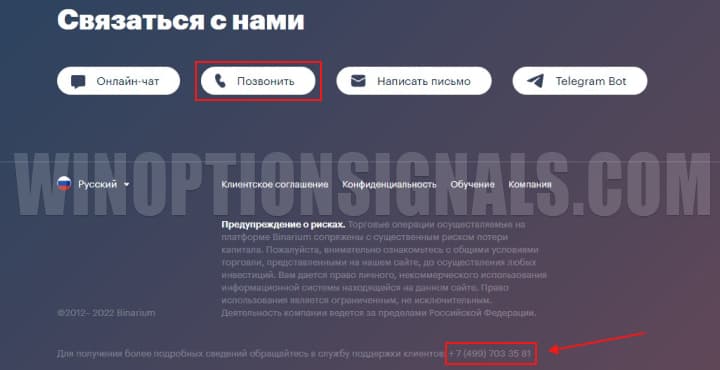 Кнопка позвонить на сайте Binarium