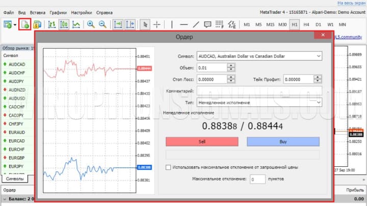 Окно, предназначенное для выставления нового ордера в МТ4