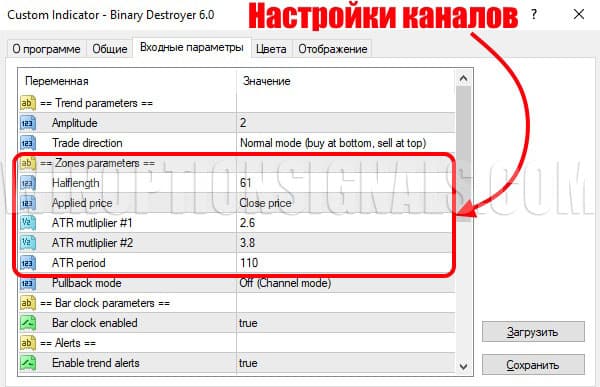 настройки параметров канала в Binary Destroyer V6