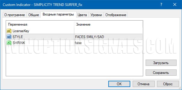 настройки индикатора simplicity trend
